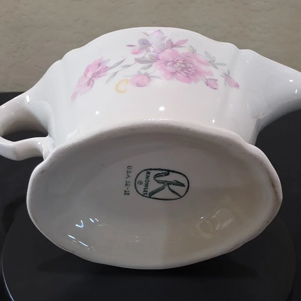 1952 Handled Floral Gravy Boat Edwin M. Knowles Light Pink Rose Gold Trimmed